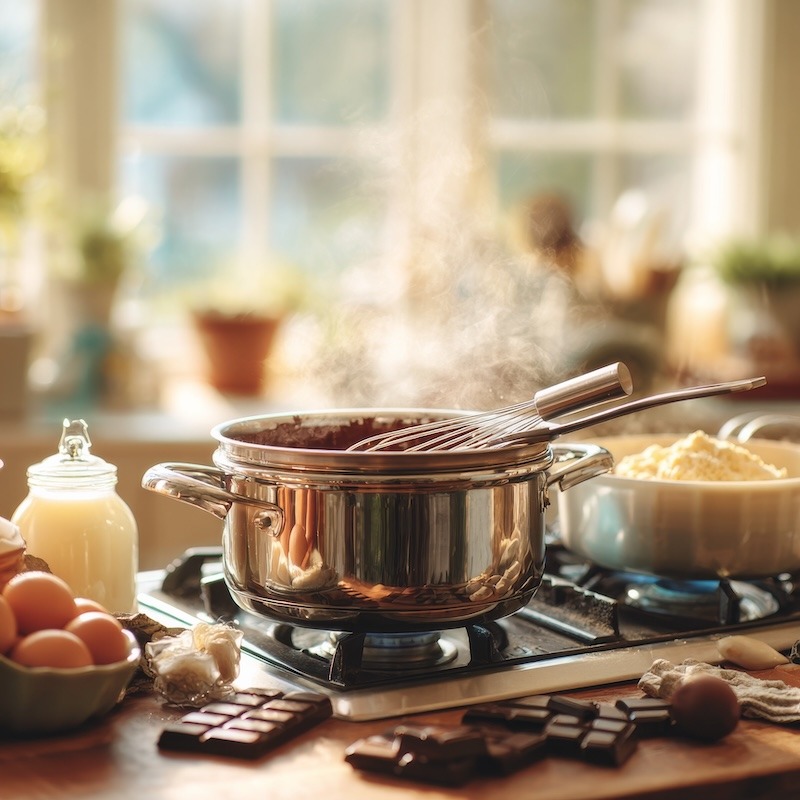 A clean, bright kitchen scene with a double boiler setup on a stovetop.