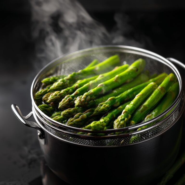 A metal steamer basket filled with bright vivid green asparagus spears over simmering water