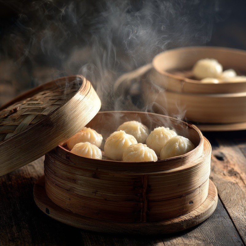 A bamboo steamer basket open on a dark wooden surface, six plump dumplings