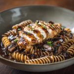 Riccioli pasta with wild mushroom demi-glace sauce and grilled chicken, plated in a wide shallow ceramic bowl, spiral pasta.