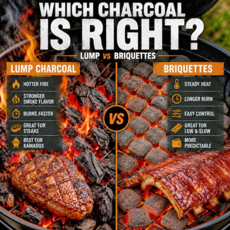 Side by side views of charcoal, lump and briquettes