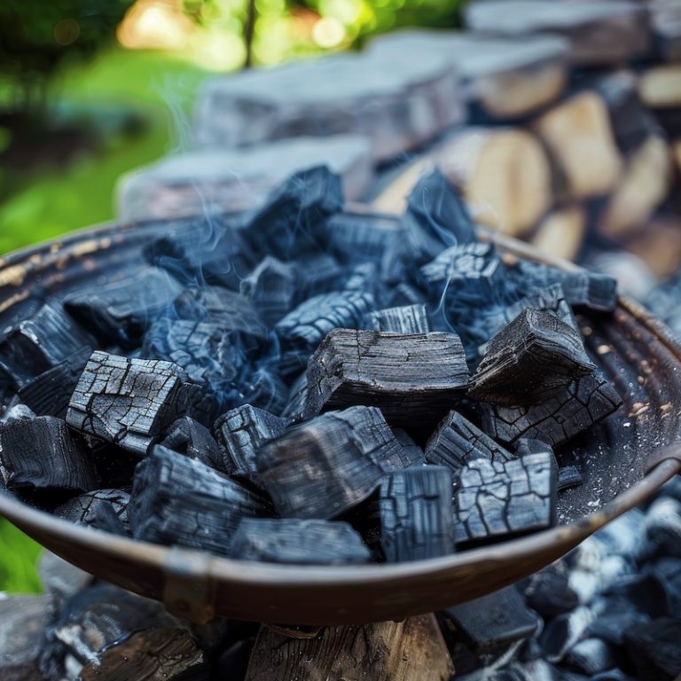 a grill filled with lump charcoal