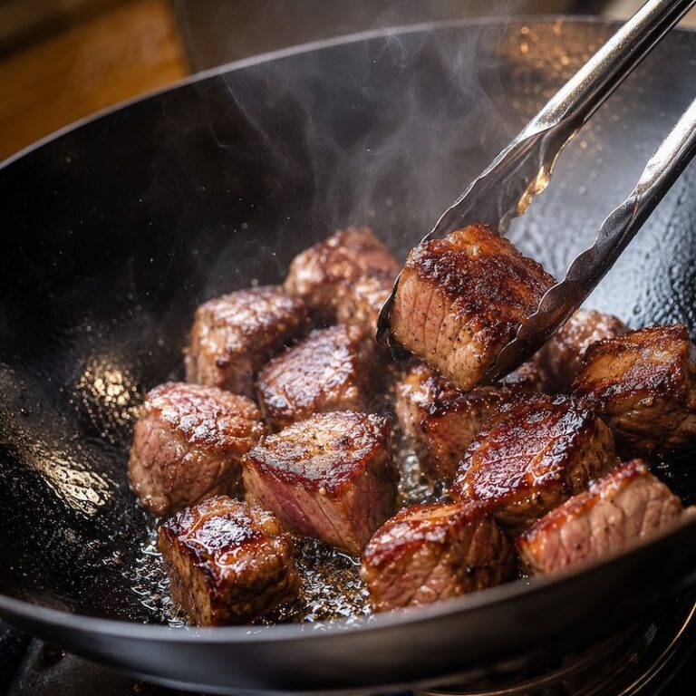 Cubes of steak being stir fried in wok
