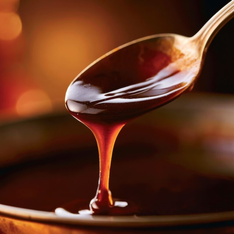 A spoon held horizontally over a pan, sauce coating the back of the spoon in a glossy