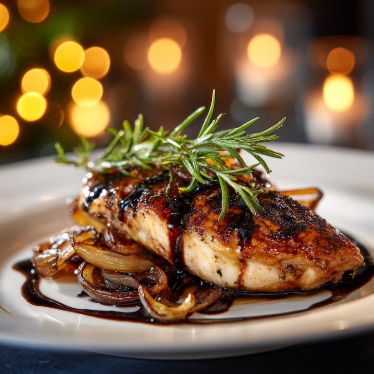 Roasted chicken breast, velvety balsamic reduction drizzled over