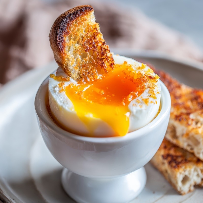 A perfectly soft-boiled egg in a white egg cup