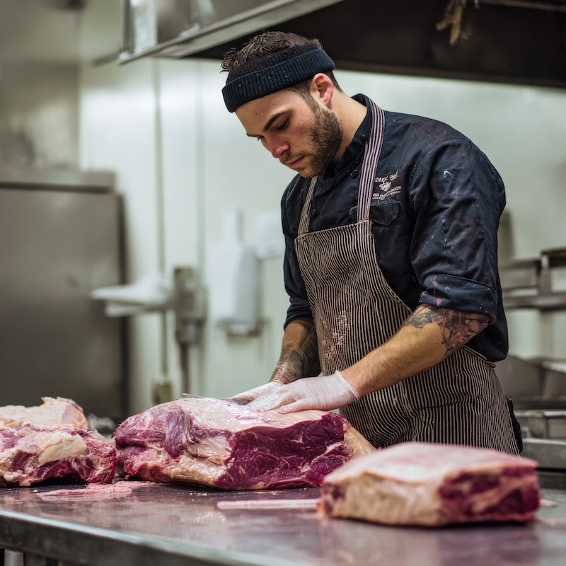 A professional butcher fabricates a side of beef on a steel table.