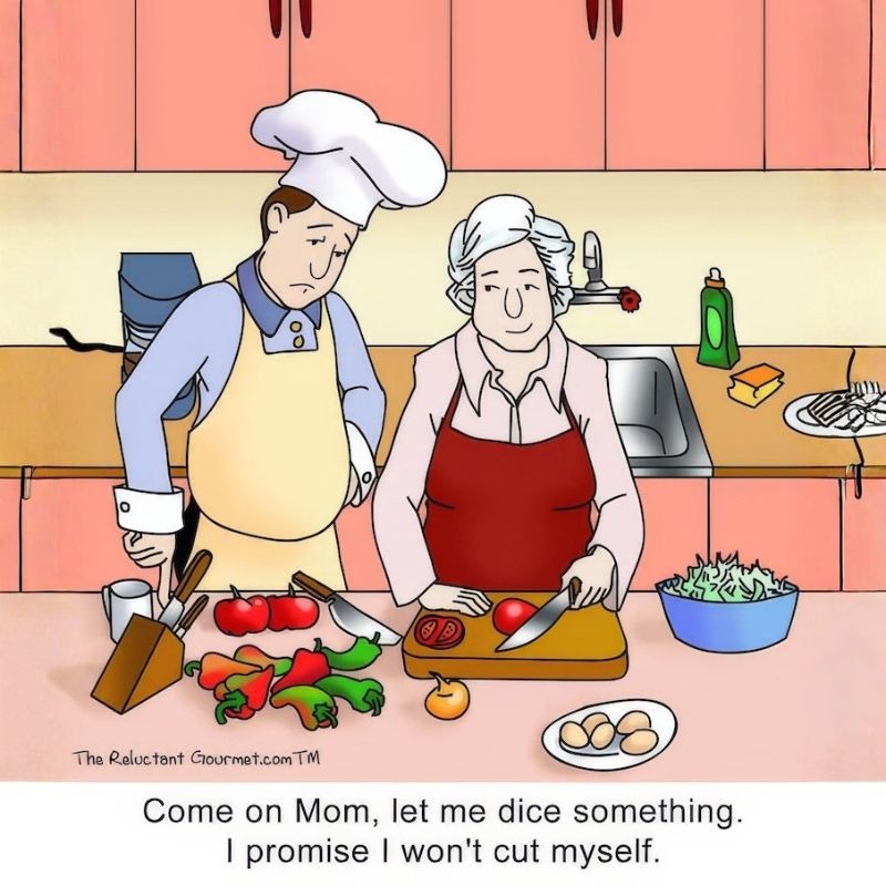 Cooking Cartoon about a home chef cooking with his mom.