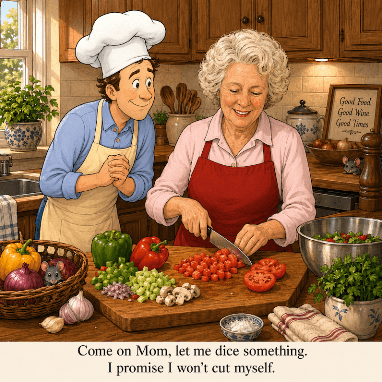 Cooking Cartoon about a home chef cooking with his mom.