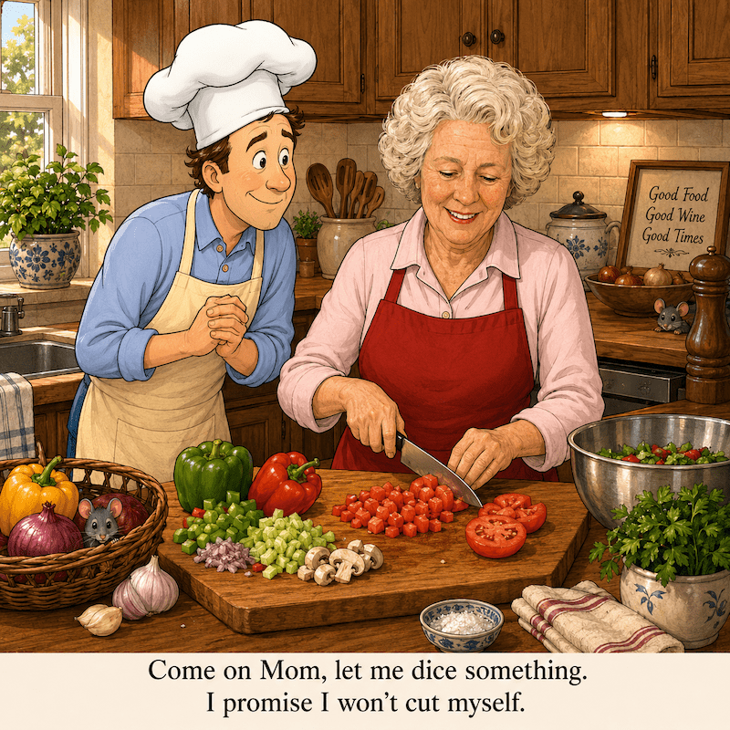 Cooking Cartoon about a home chef cooking with his mom.
