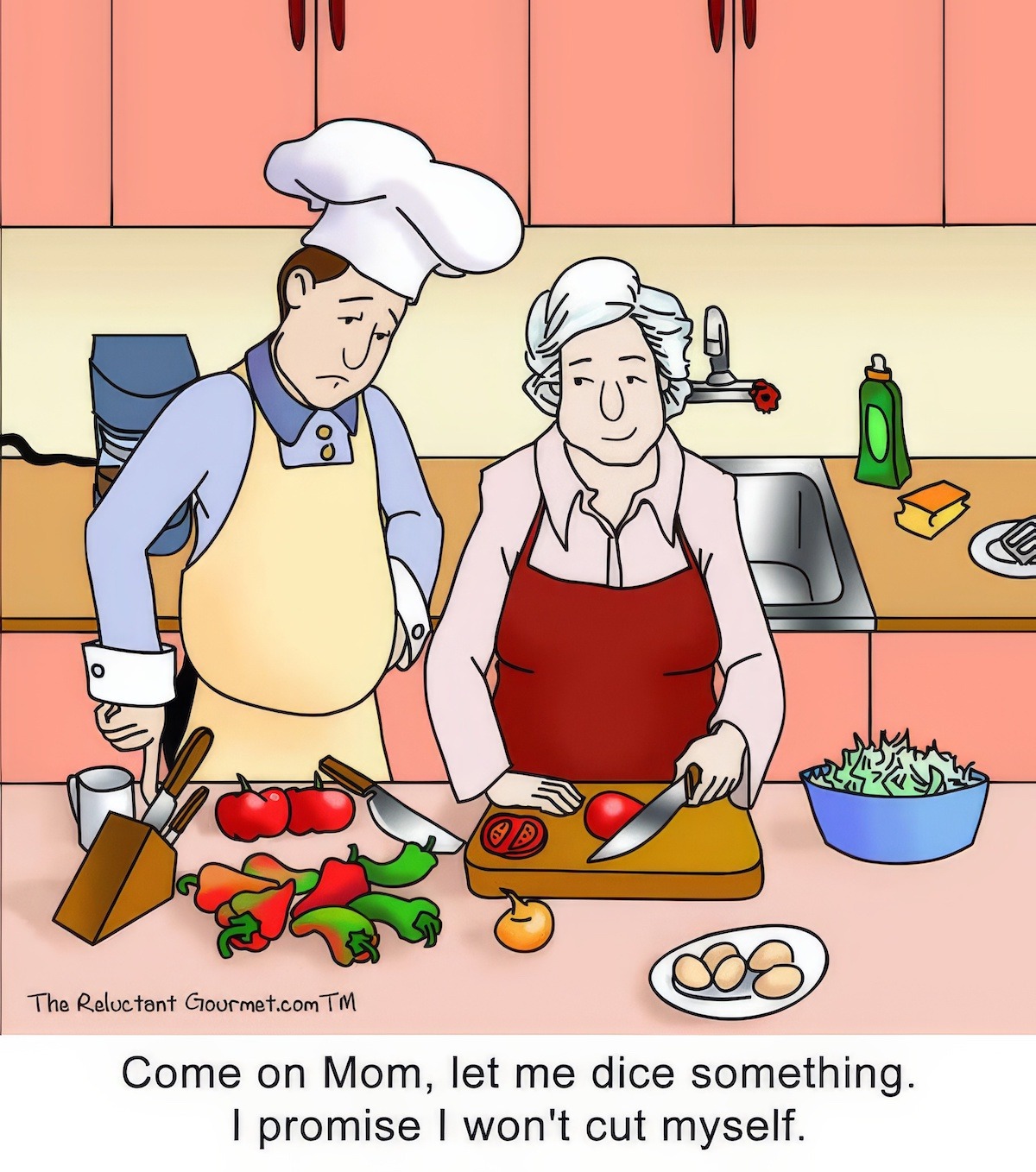 Cooking Cartoon about a home chef cooking with his mom.