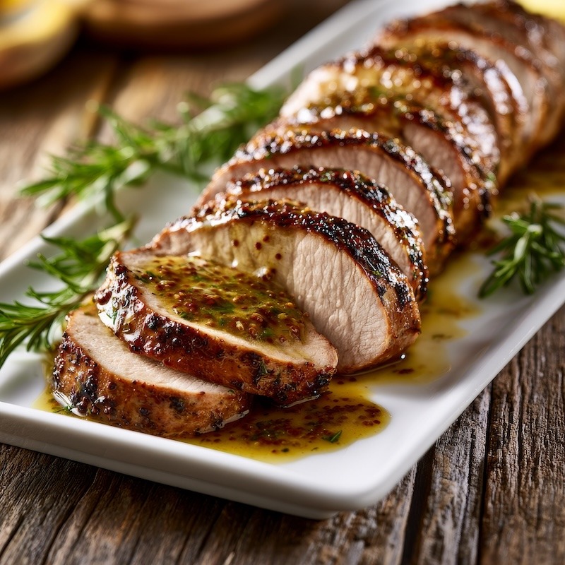 Sliced pork tenderloin fanned on a white platter with mustard pan sauce spooned over the top