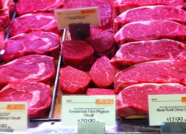 A supermarket's case of steaks.