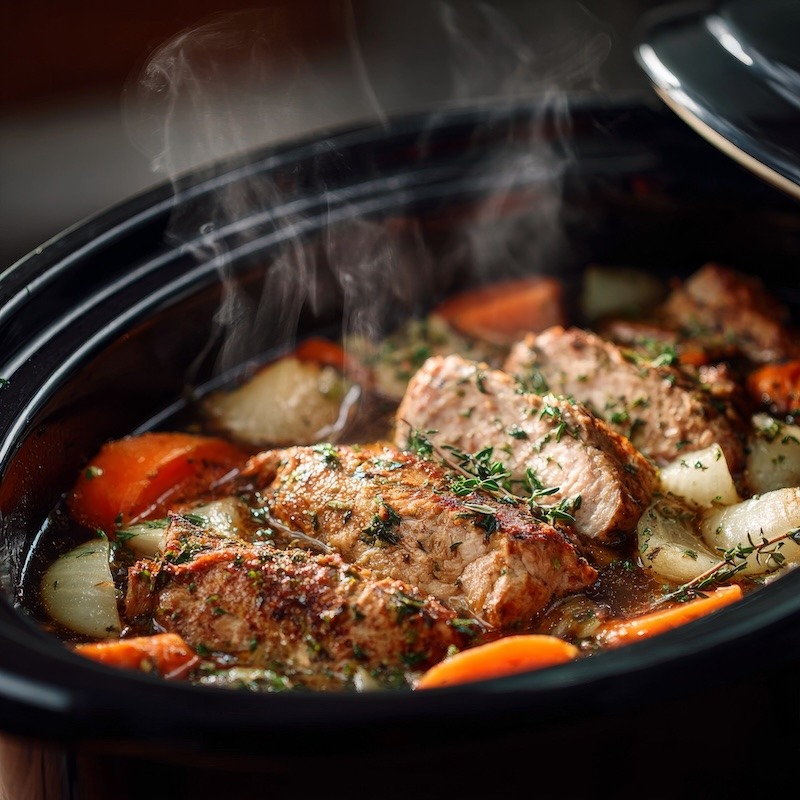Slow cooker filled with pork tenderloin, onions, carrots, herbs, and broth