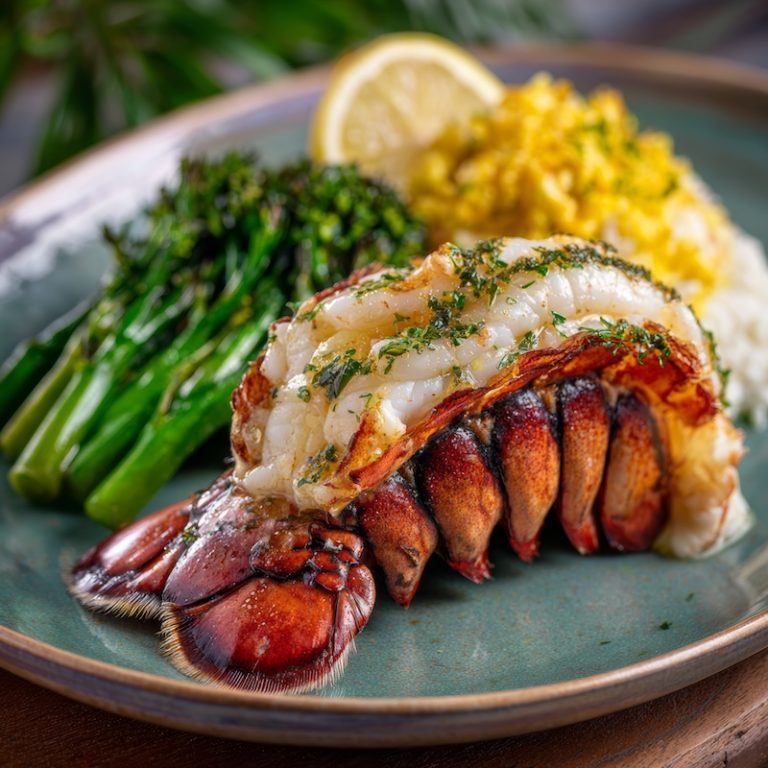 Perfectly cooked broiled lobster tail with meat lifted on top of its shell, drizzled with melted butter