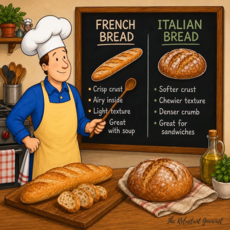 A cartoon of the Reluctant Gourmet teaching the differences between French Bread and Italian Bread