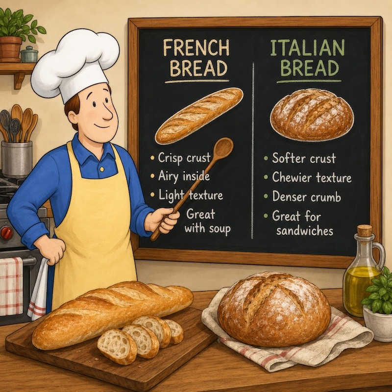 A cartoon of the Reluctant Gourmet teaching the differences between French Bread and Italian Bread