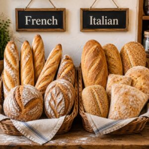 French bread and Italian bread side by side in baskets
