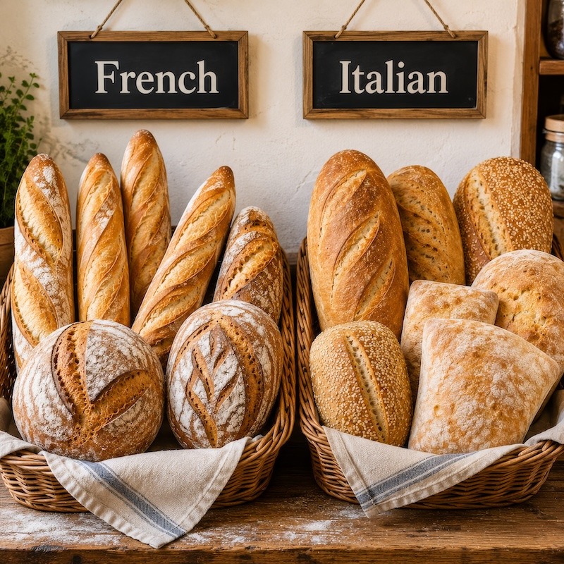 French bread and Italian bread side by side in baskets