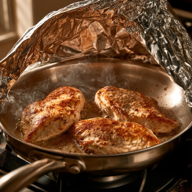 chicken breasts searing in a stainless steel pan with a loose foil tent partially lifted