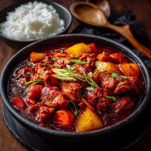 Korean spicy braised chicken (dak-style) is simmered until tender, and bite-sized chicken thighs are coated in a deep red gochujang sauce.