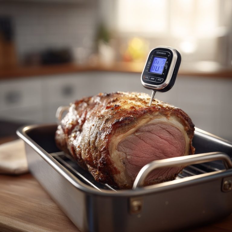 A beautiful roast beef in a roasting pan with a cooking thermometer inserted into the beef.