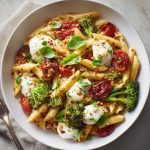 Penne pasta with roasted Roma tomatoes and fresh mozzarella.