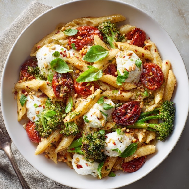 Penne pasta with roasted Roma tomatoes and fresh mozzarella.