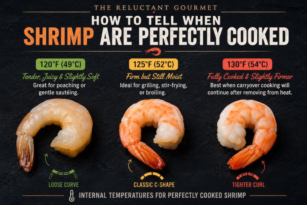 A chart of shrimp doneness by internal temperature.