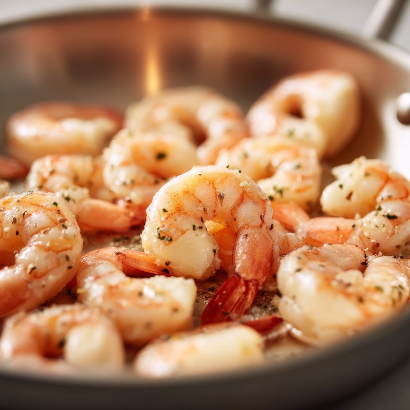 Perfectly cooked shrimp in frying pan