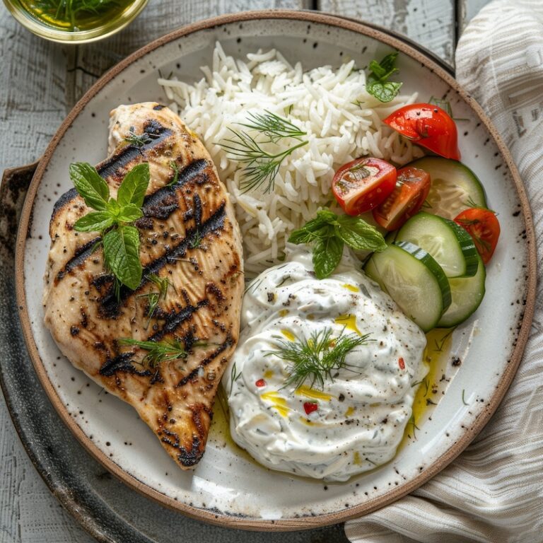 plate with grilled chicken breast, thick tzatziki sauce