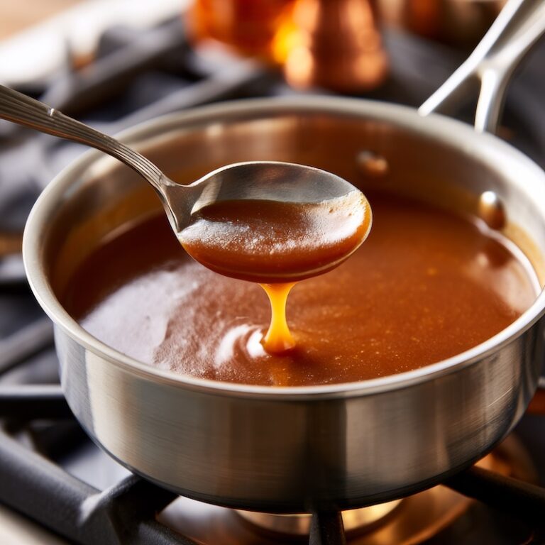 Close-up of the sauce mid-reduction in a stainless saucepan