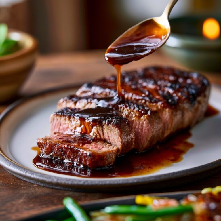 Madeira sauce spooned over a sliced pan-seared steak