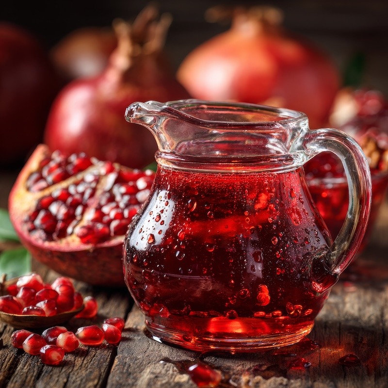 Freshly extracted ruby-red pomegranate juice in a clear glass small pitcher.