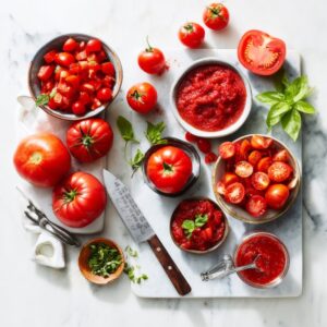 tomato conversion scene on a white marble kitchen counter