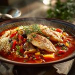 Sous-vide tilapia fillet, gently poached in a vibrant, spicy seafood broth, served over fluffy Israeli couscous.
