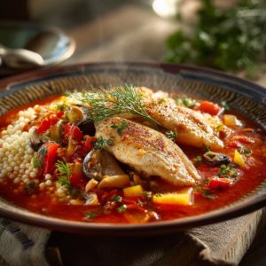 Sous-vide tilapia fillet, gently poached in a vibrant, spicy seafood broth, served over fluffy Israeli couscous.