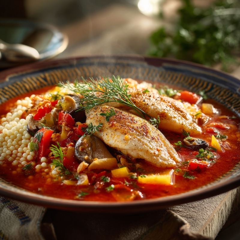 Sous-vide tilapia fillet, gently poached in a vibrant, spicy seafood broth, served over fluffy Israeli couscous.