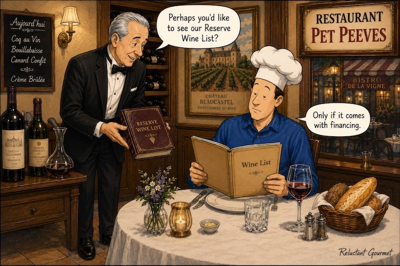 Cartoon of RG and waiter looking at wine lists