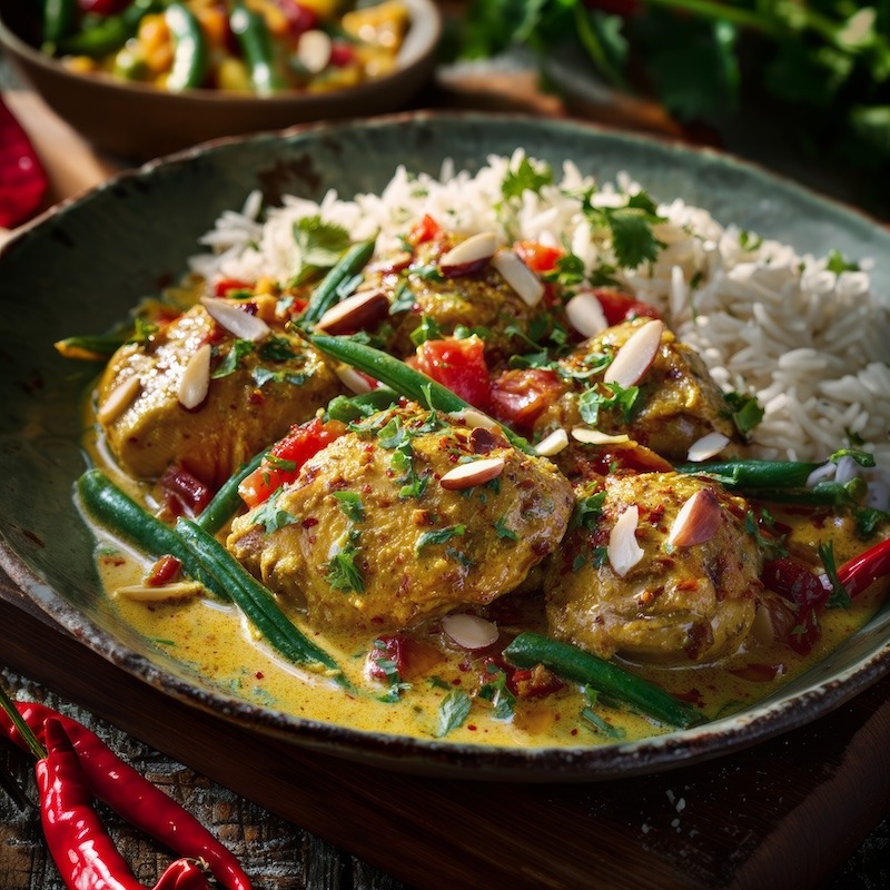 A delicious plate of chicken korma.