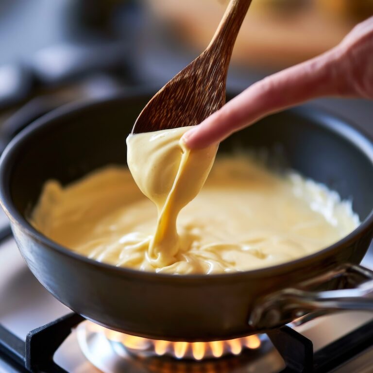 Cream sauce in a heavy-bottomed saucepan at the moment it coats the back of a wooden spoon