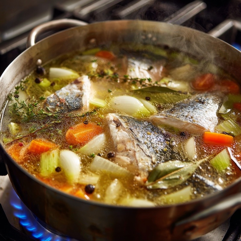 Fish stock simmering in a 6 quart stainless steel stock pot on a gas stove.