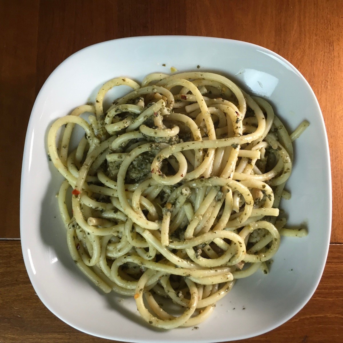 Bucatini Pasta with Spinach Walnut Pesto