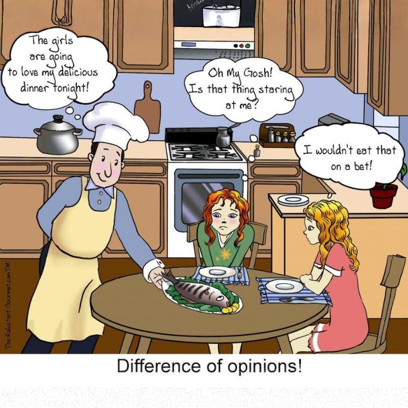 A cartoon of the Reluctant Gourmet serving his daughters a whole fish