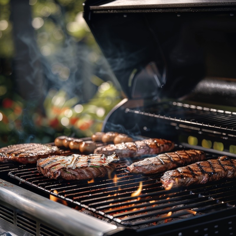 A gas grill with steaks and burgers showing grill zones