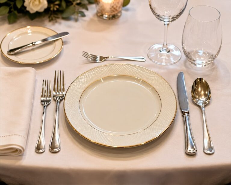 A formal dinner setup with proper untensils