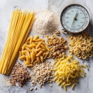 dry pasta varieties arranged in loose natural groupings on a worn white marble surface