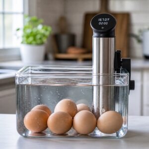 Eggs cooking in a precision sous vide tank