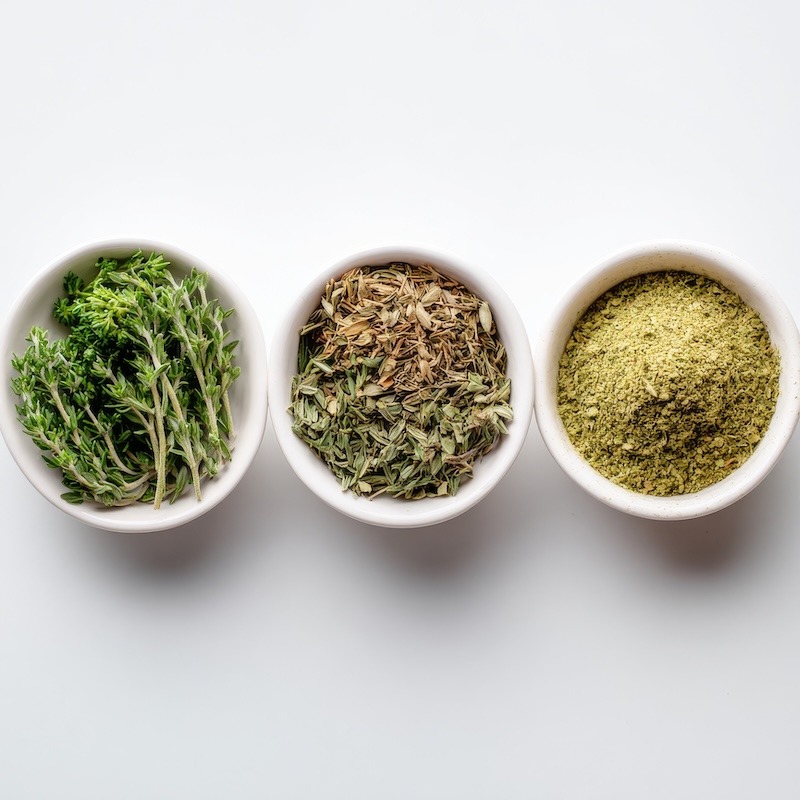 Fresh herbs, dried herbs, and ground herbs shown side by side in small bowls to illustrate herb conversion differences.