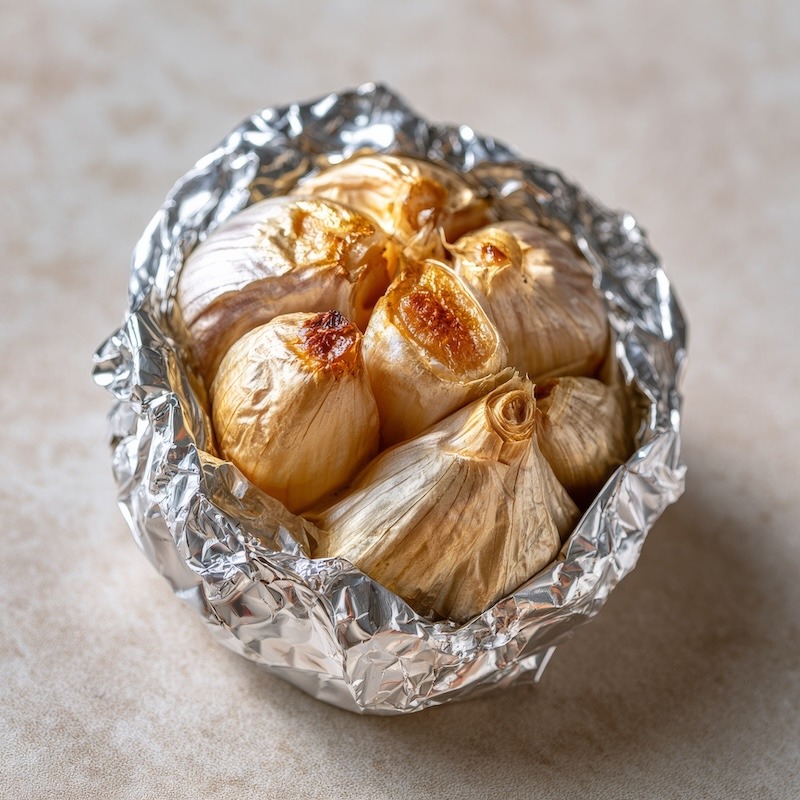 a garlic head wrapped tightly in foil, partially opened to show the golden roasted cloves inside